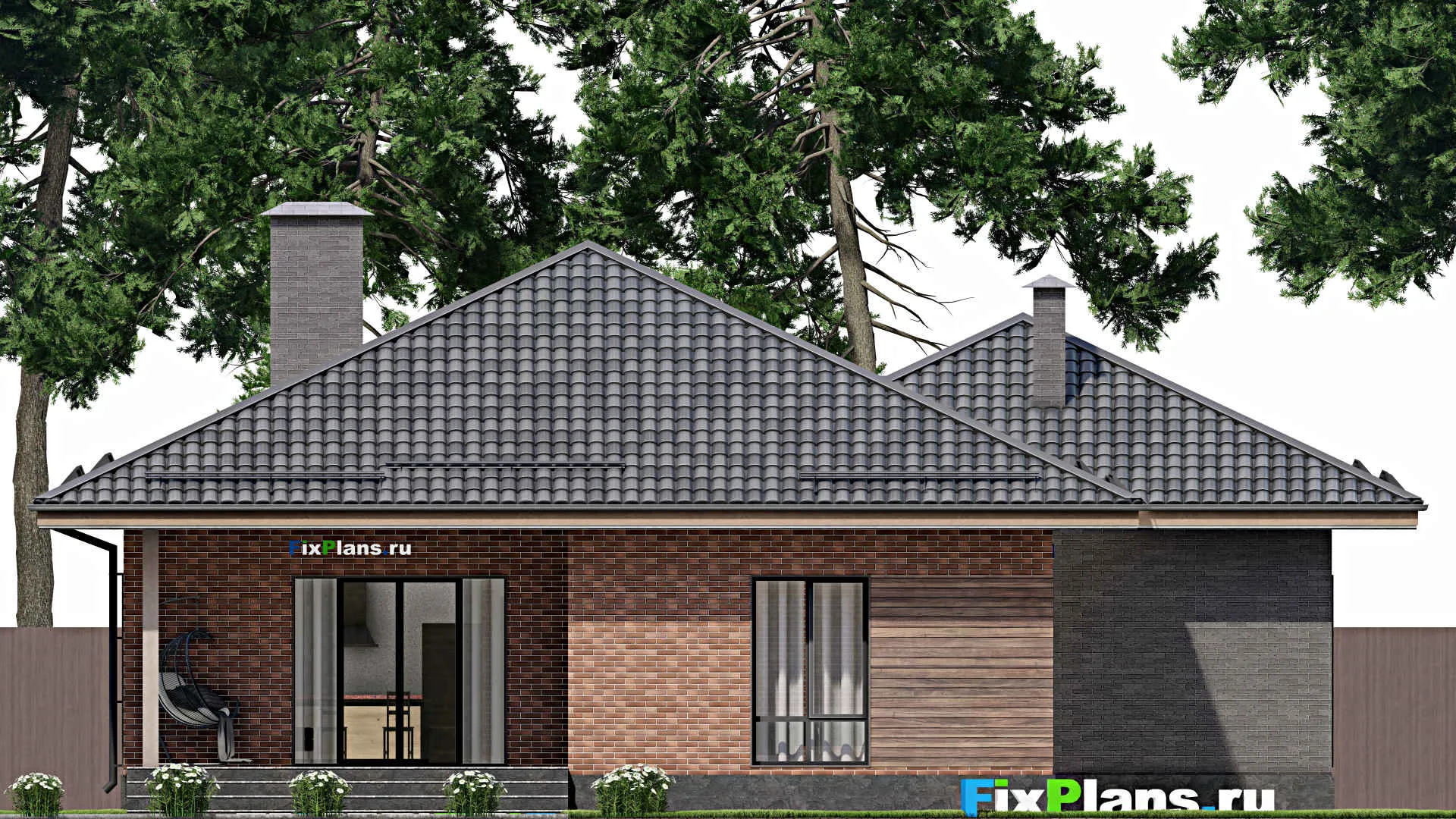 F-2429 - Проект одноэтажного дома 16 на 22, площадью 200 м² с террасой, гаражом на 2 машины и 2 спальнями