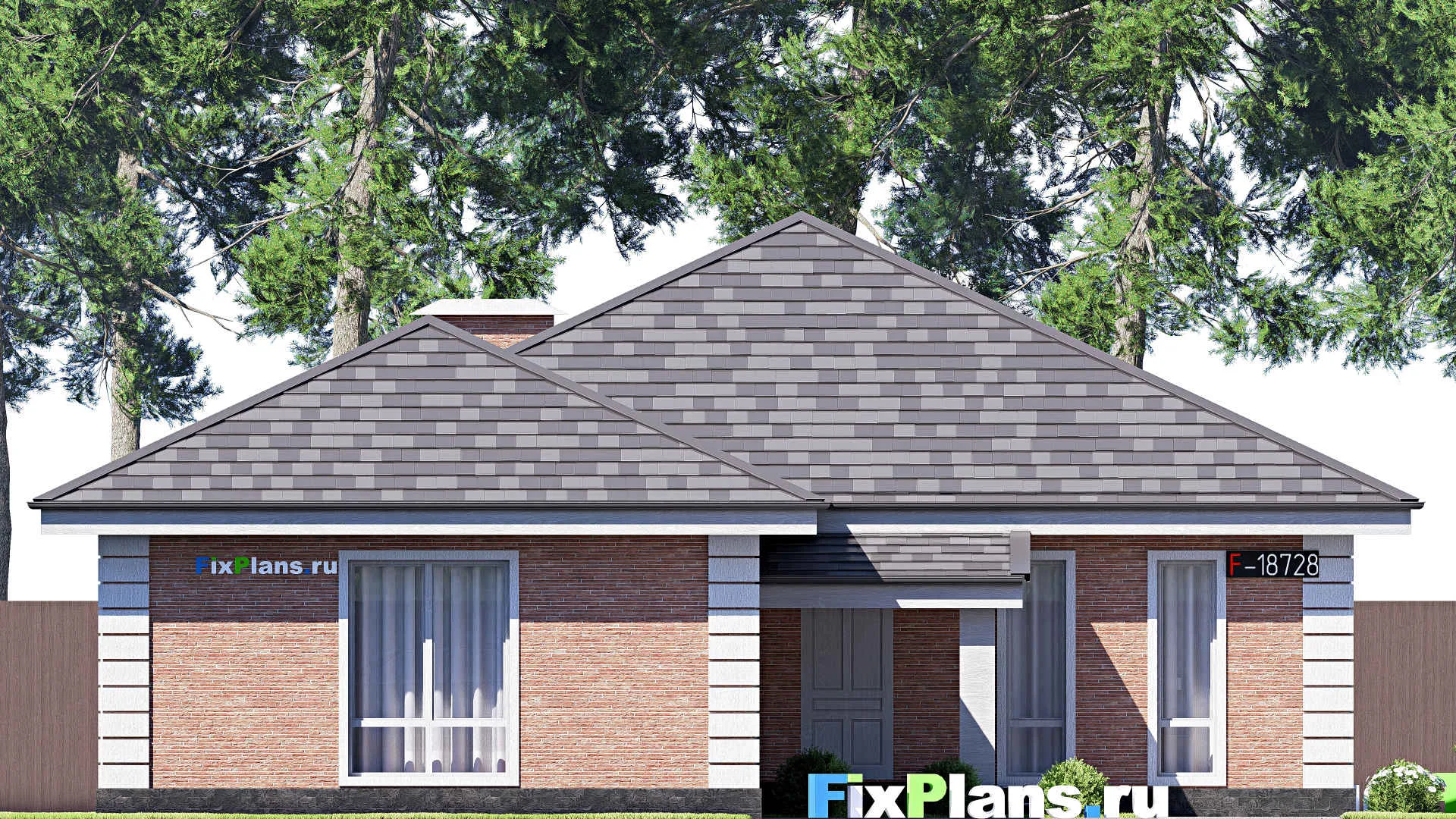 F-18728 - Проект одноэтажного дома 14 на 24, площадью 200 м² с террасой, гаражом на 2 машины и 3 спальнями