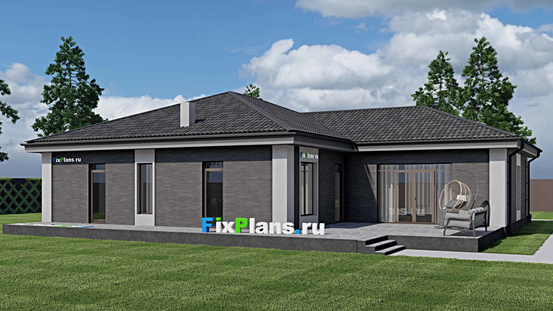 F-1853 - Проект одноэтажного дома 17 на 18, площадью 280 м² с террасой, гаражом на 2 машины и 3 спальнями