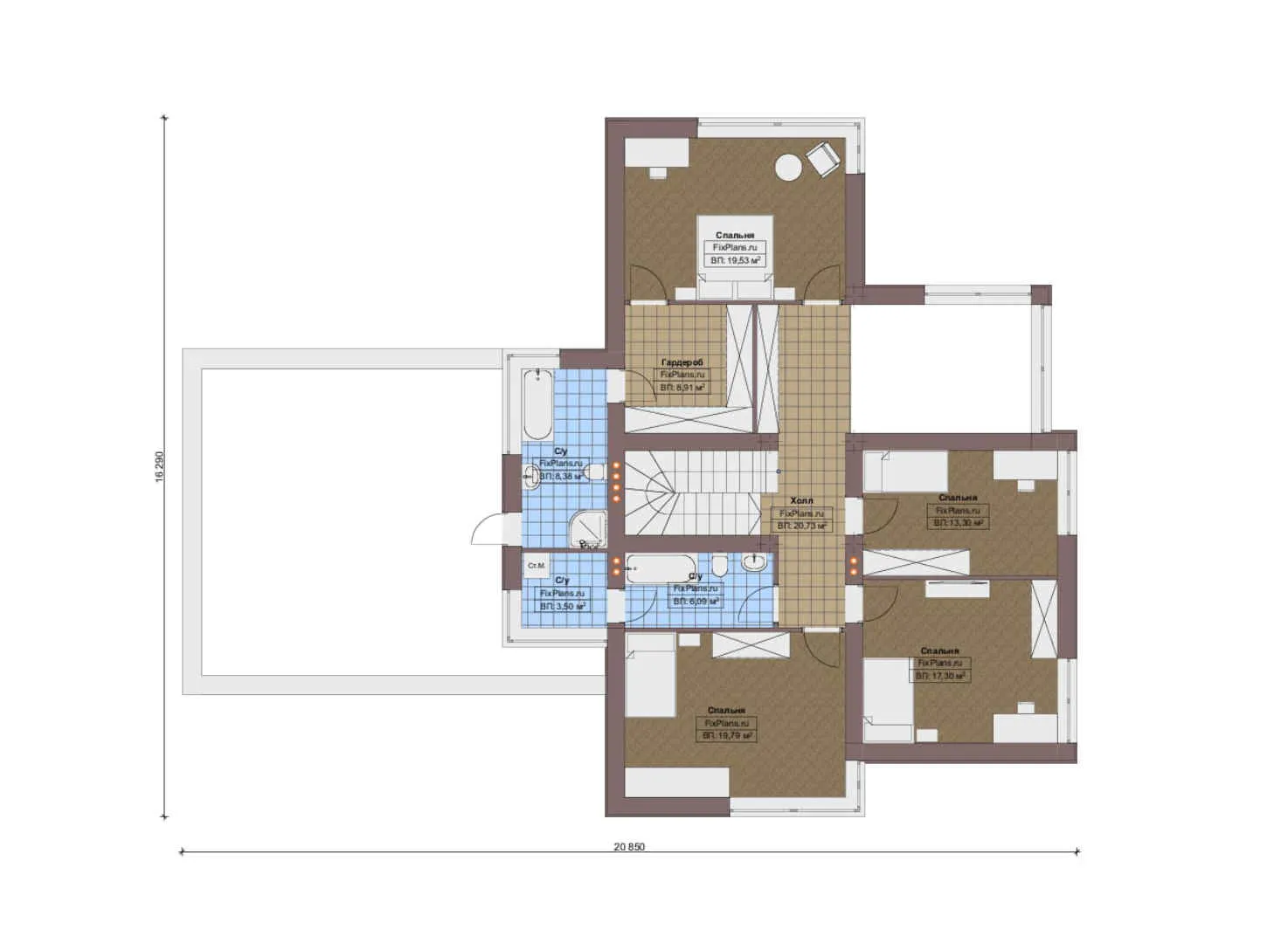F-16019 - Планы двухэтажного дома 17 на 24, площадью 330 м² с террасой, гаражом на 2 машины и 4 спальнями