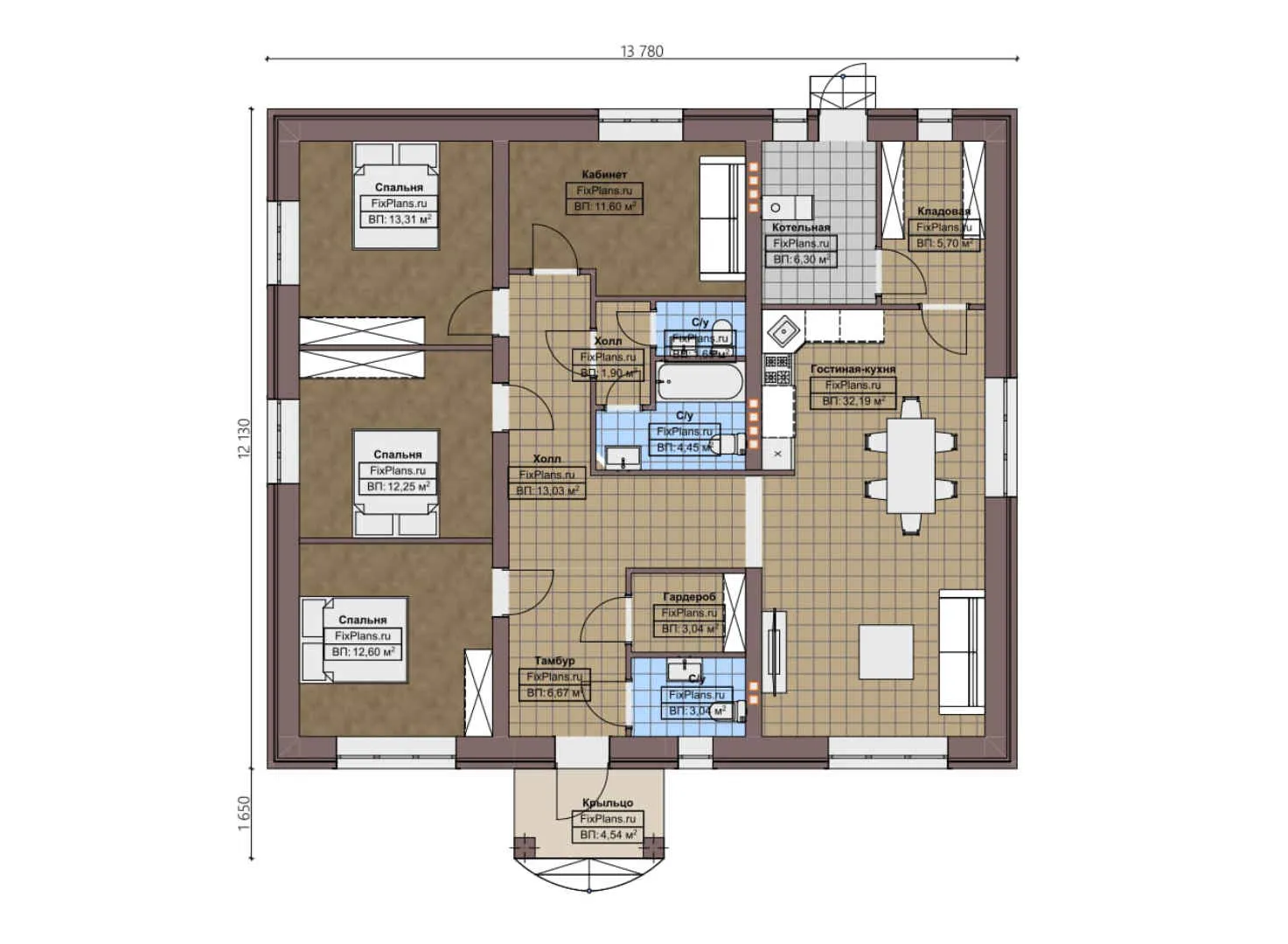 F-4805 - План одноэтажного дома 13 на 14, площадью 140 м² с 3 спальнями