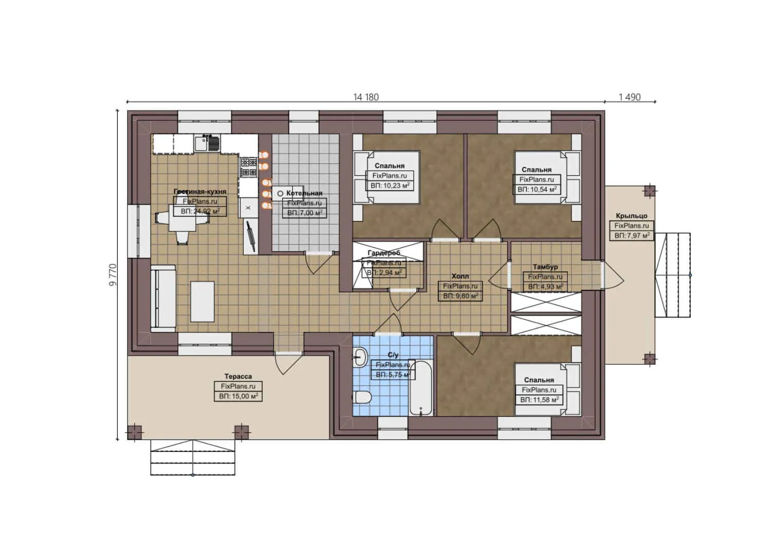 F-4220 - План одноэтажного дома 10 на 15, площадью 110 м² с террасой и 3 спальнями