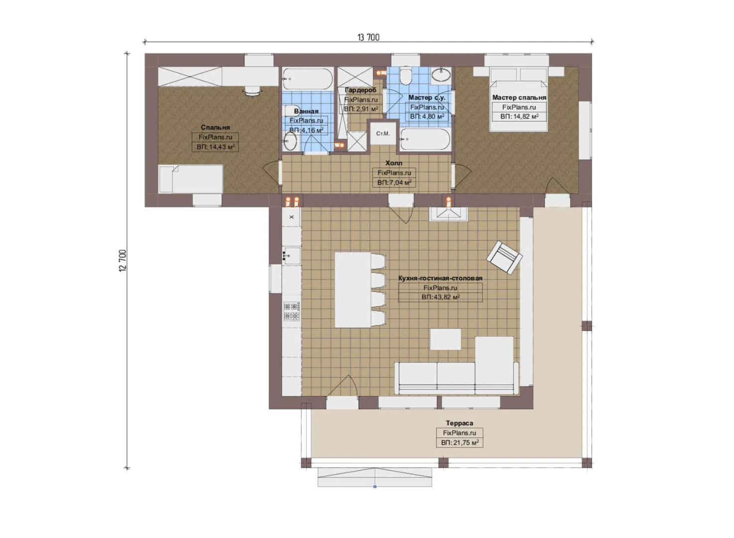 F-20447 - План одноэтажного дома 13 на 14, площадью 120 м² с террасой и 2 спальнями