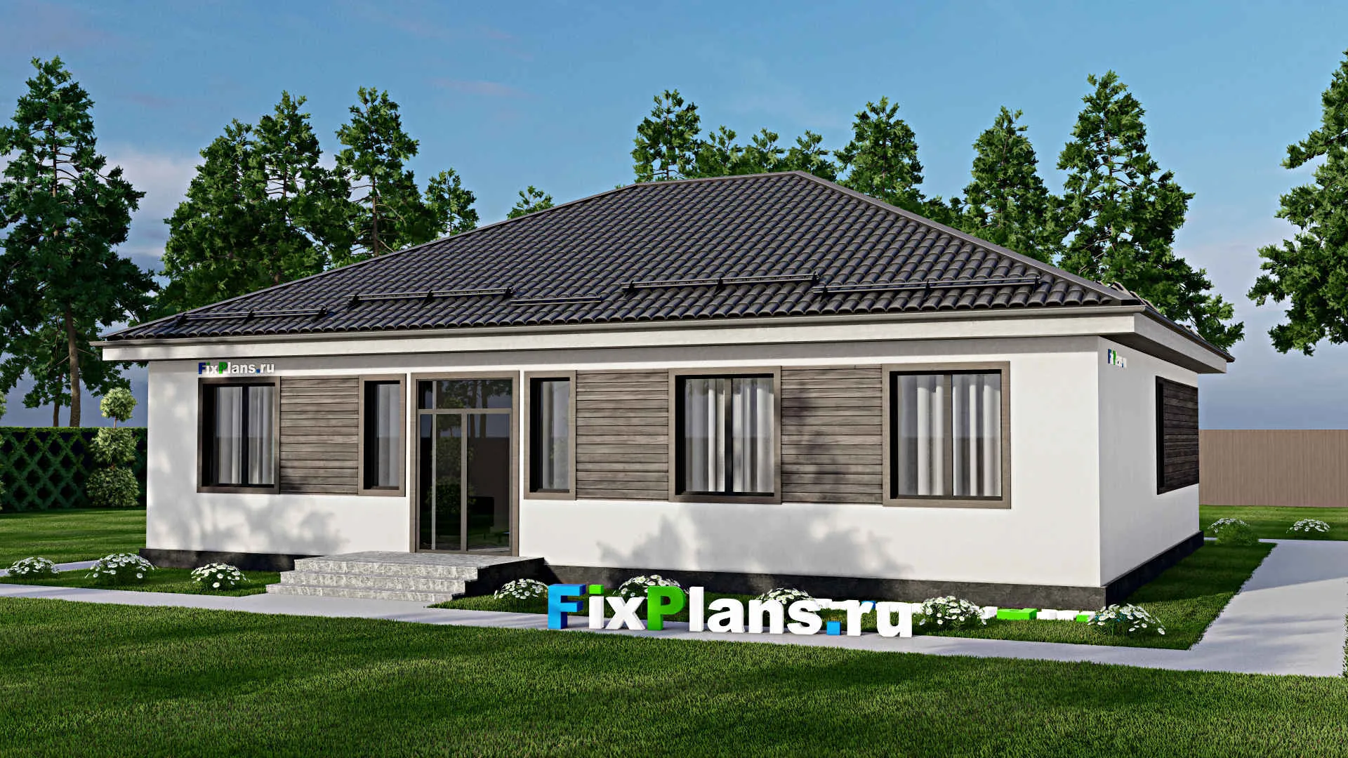 F-4004 - Проект одноэтажного дома 12 на 16, площадью 160 м² с террасой и 5 спальнями