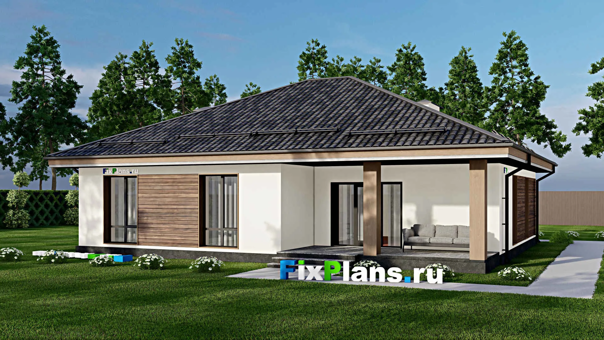 F-5633 - План одноэтажного дома 13 на 15, площадью 140 м² с террасой и 3 спальнями