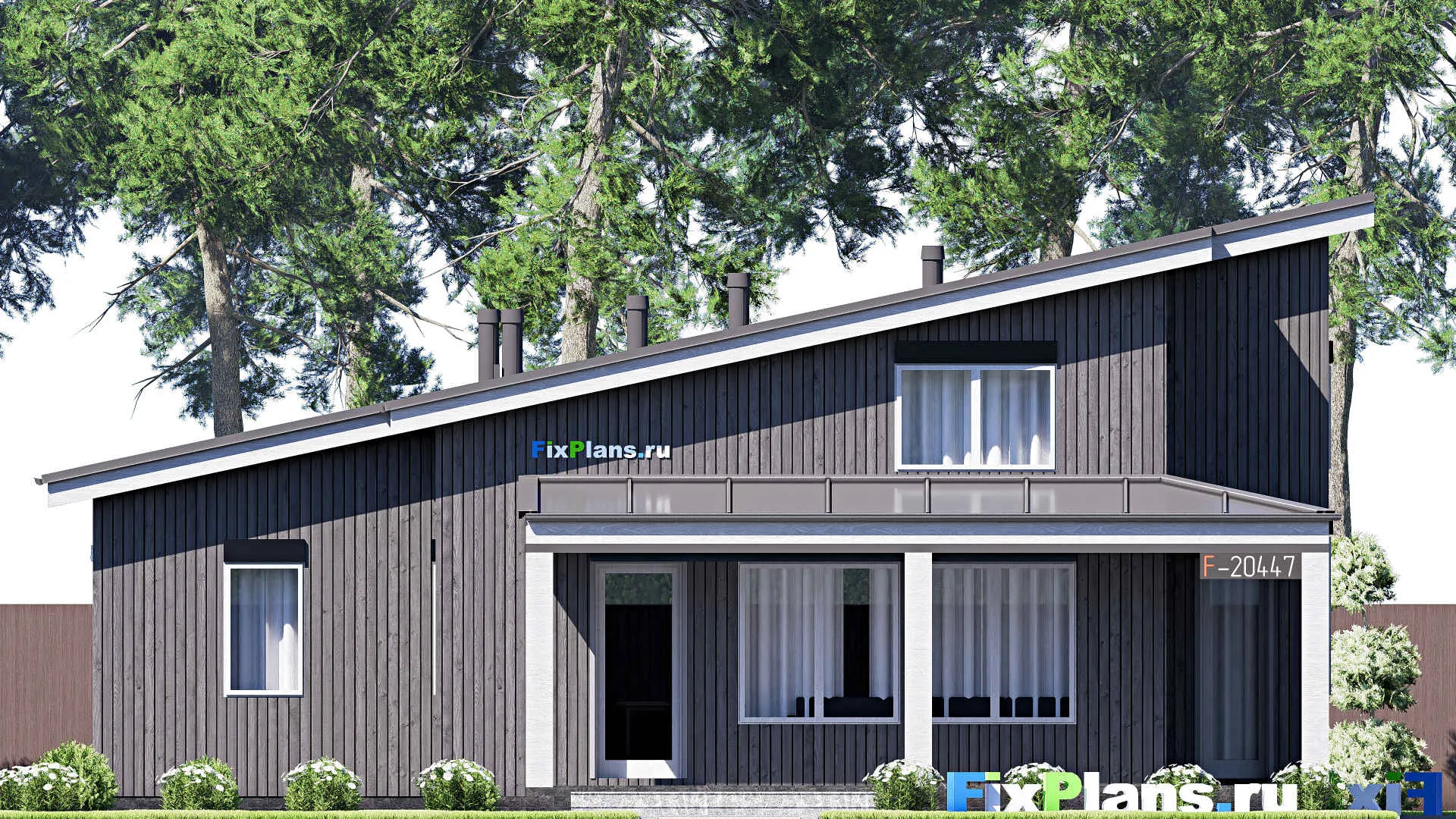 F-20447 - План одноэтажного дома 13 на 14, площадью 120 м² с террасой и 2 спальнями