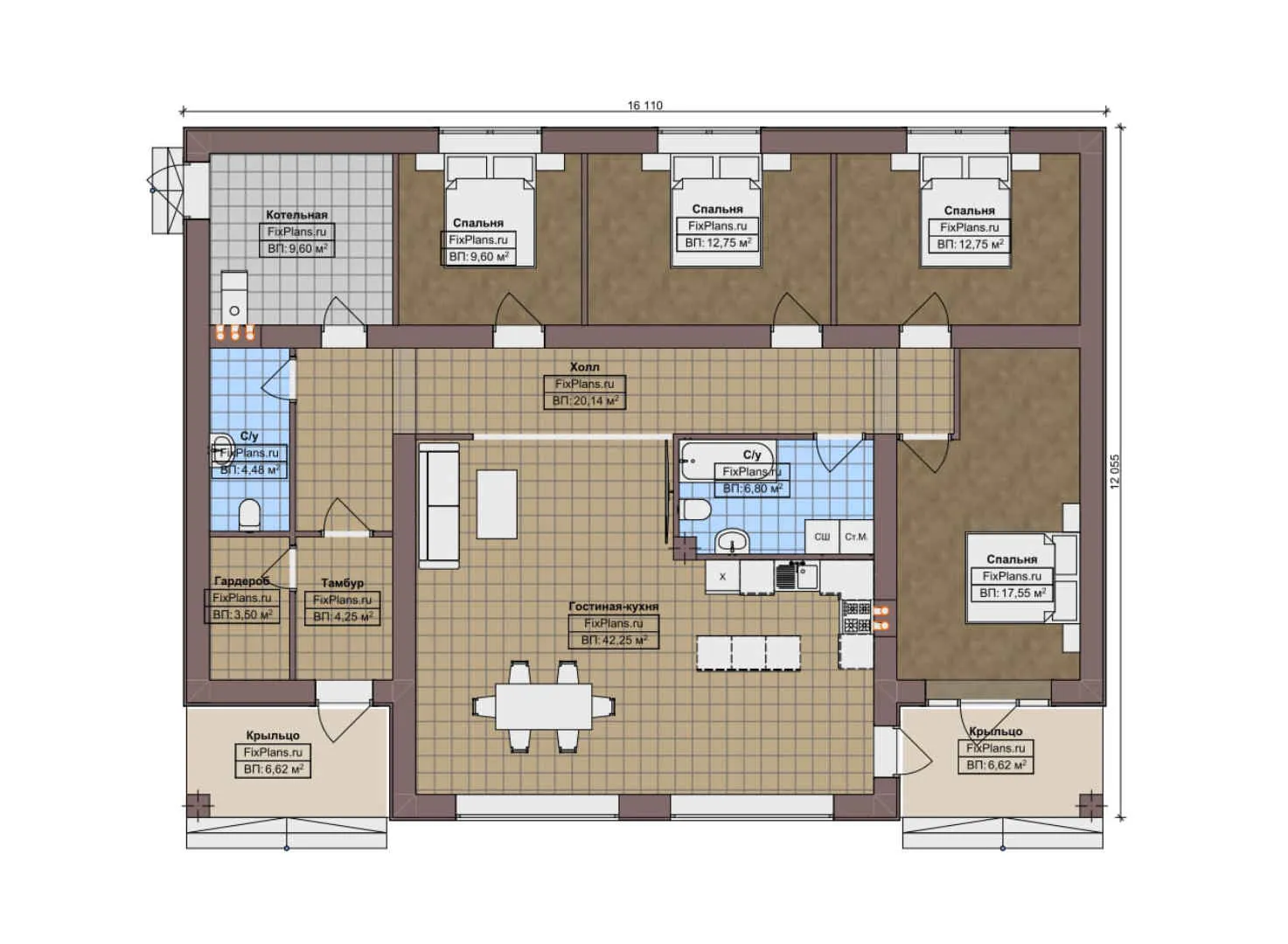 F-9962 - План одноэтажного дома 13 на 17, площадью 160 м² с 4 спальнями