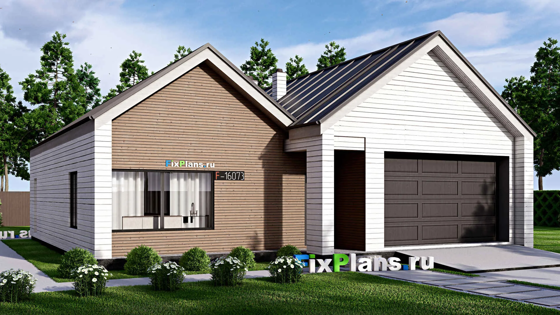 F-16073 - Проект одноэтажного дома 15 на 23, площадью 230 м² с террасой, гаражом на 2 машины и 4 спальнями