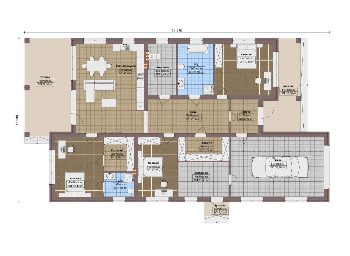 F-13193 - План одноэтажного дома 14 на 25, площадью 260 м² с террасой, гаражом на 2 машины и 3 спальнями