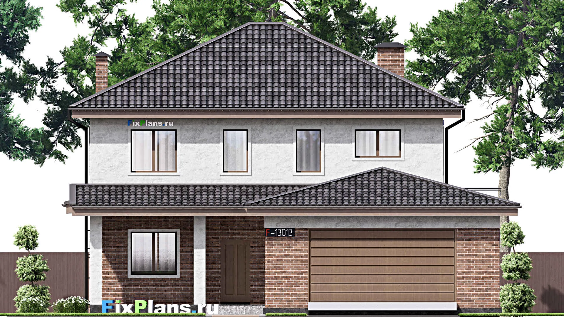 F-13013 - Планы двухэтажного дома 12 на 21, площадью 260 м² с террасой, гаражом на 2 машины и 5 спальнями