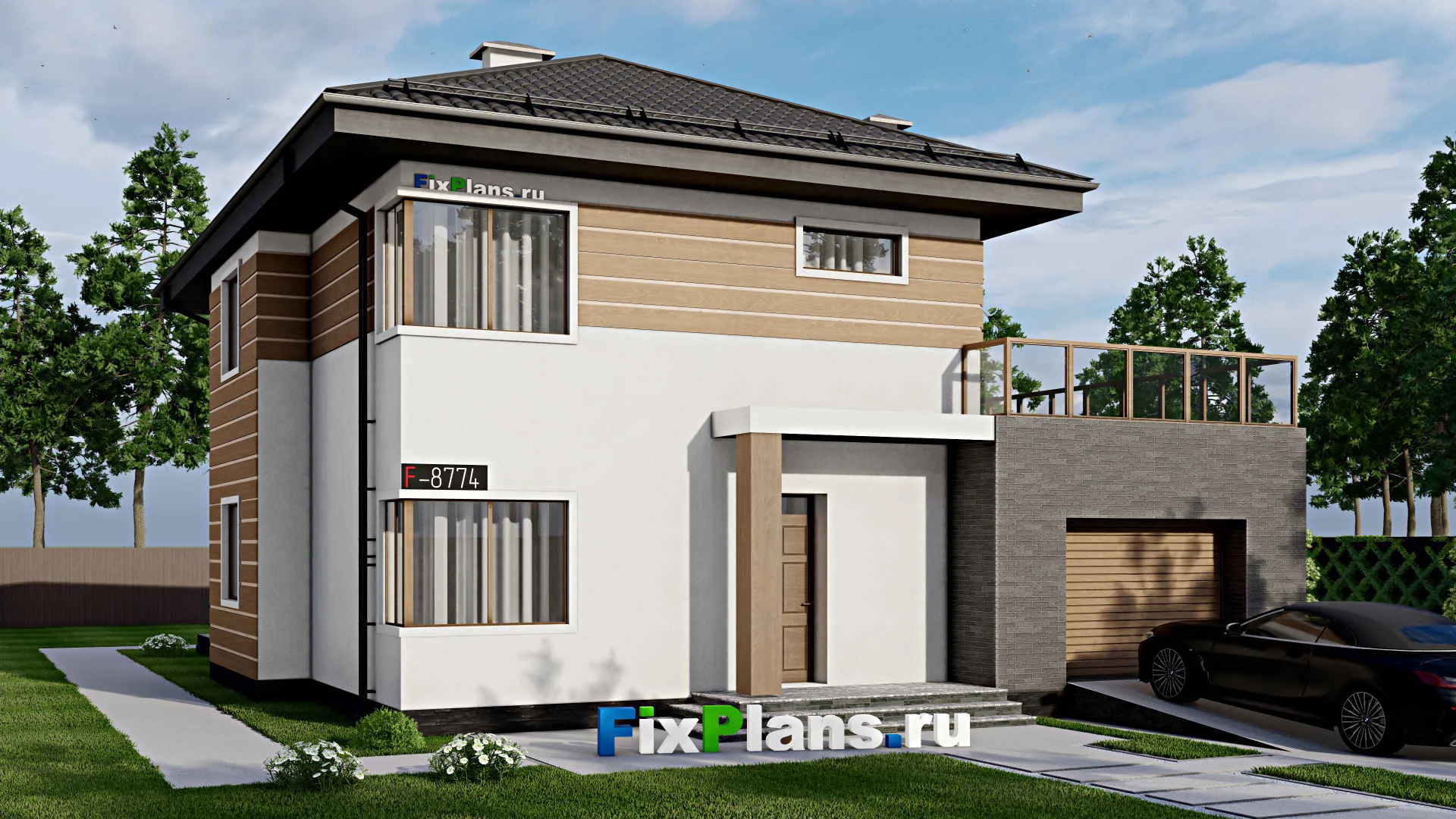 F-8774 - Проект двухэтажного дома 14 на 18, площадью 270 м² с террасой, балконом, гаражом на 1 машину и 4 спальнями
