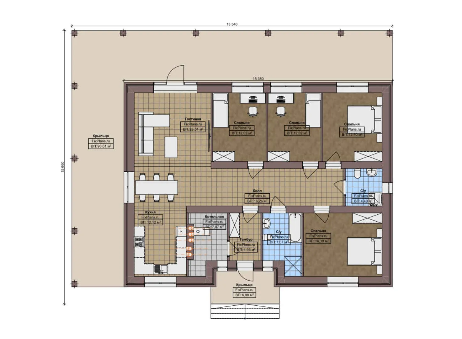 F-9305 - План одноэтажного дома 16 на 19, площадью 240 м² с 4 спальнями