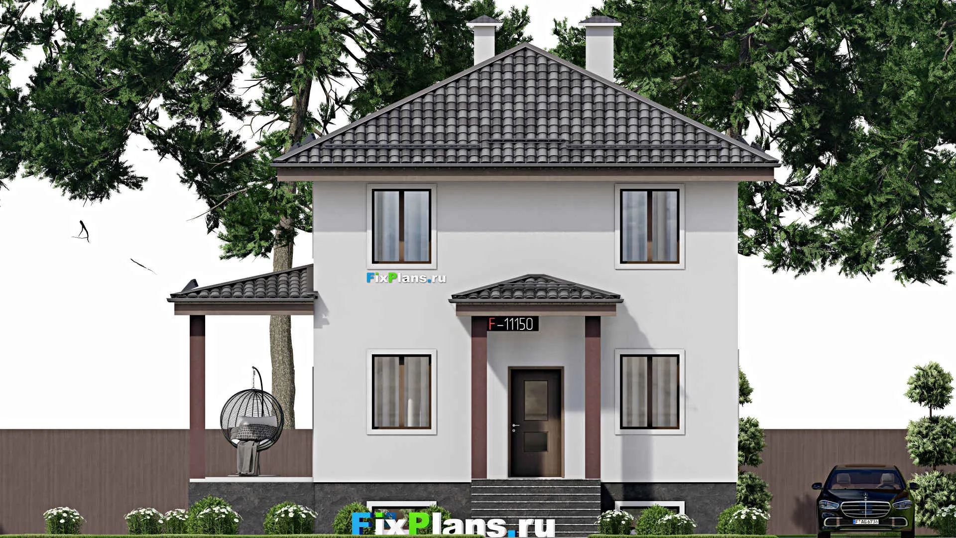 F-11150 - Проект двухэтажного дома 11 на 11, площадью 190 м² с террасой, цокольным этажом и 5 спальнями