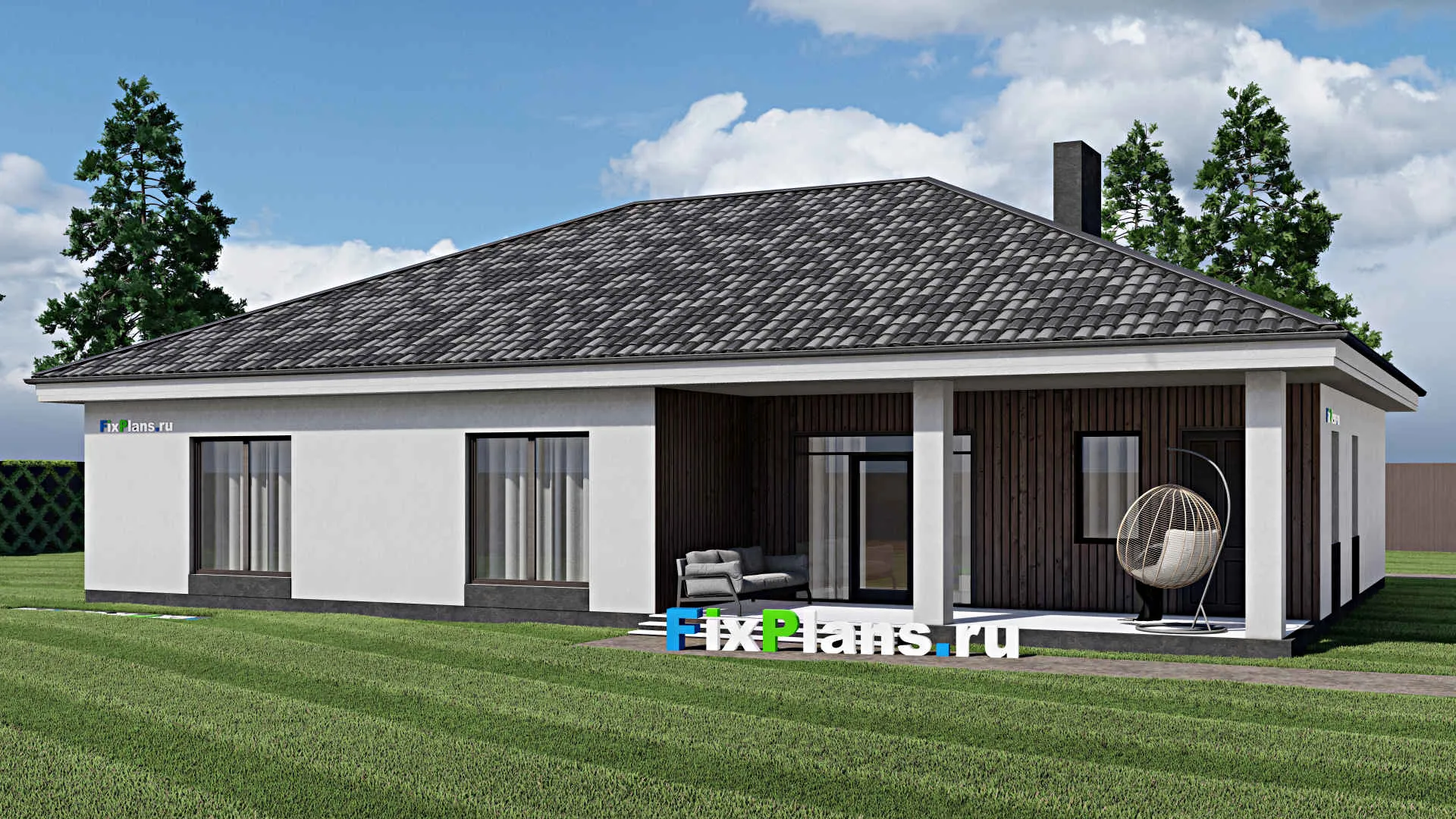 F-1178 - Проект одноэтажного дома 16 на 19, площадью 220 м² с террасой, гаражом на 2 машины и 2 спальнями