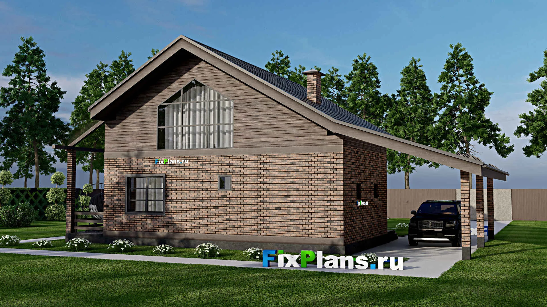 F-3950 - Планы дома с мансардой 10 на 11, площадью 140 м² с террасой, балконом, навесом для машины и 3 спальнями