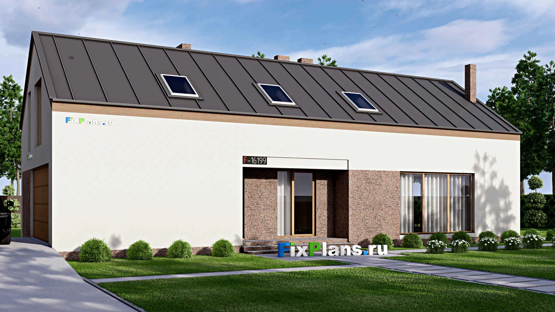 F-16199 - Проект дома с мансардой 11 на 24, площадью 320 м² с террасой, балконом, гаражом на 2 машины и 3 спальнями
