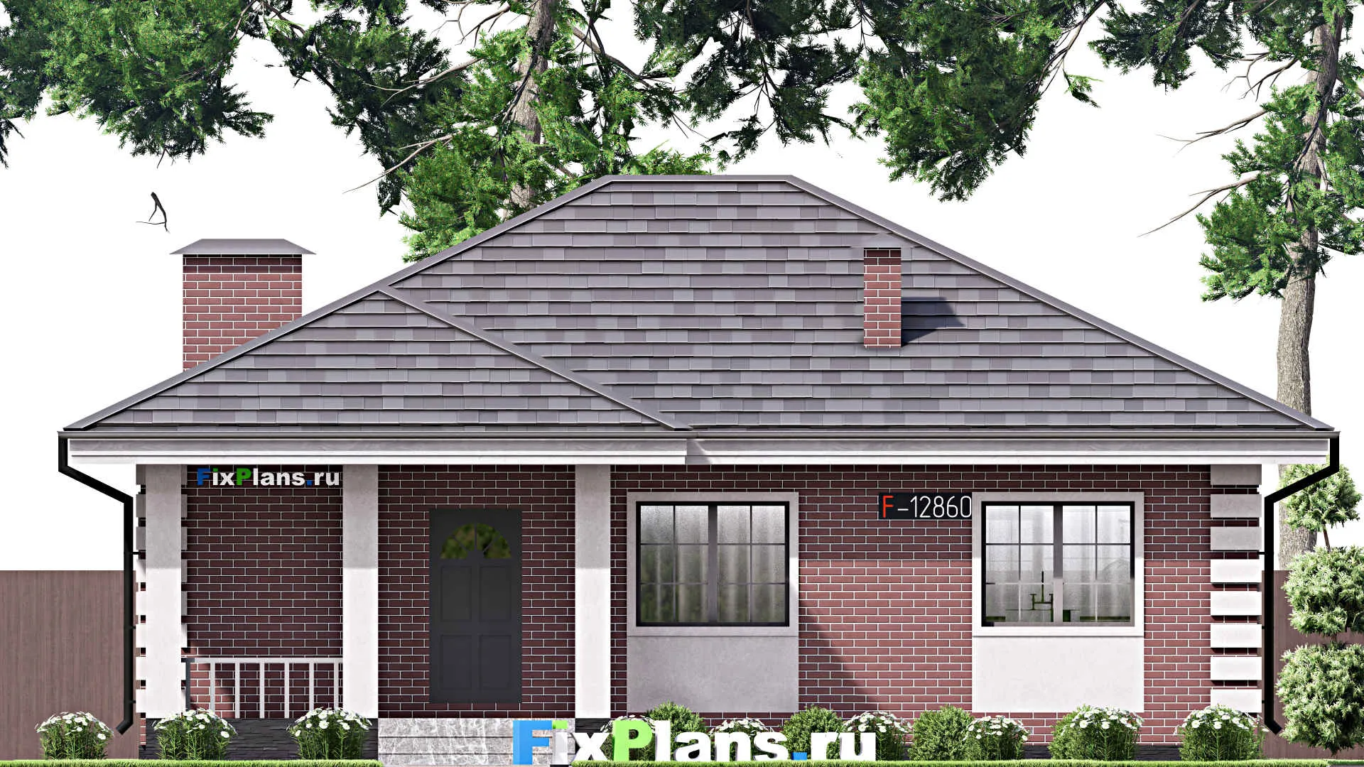 F-12860 - Проект одноэтажного дома 12 на 13, площадью 110 м² с террасой и 3 спальнями