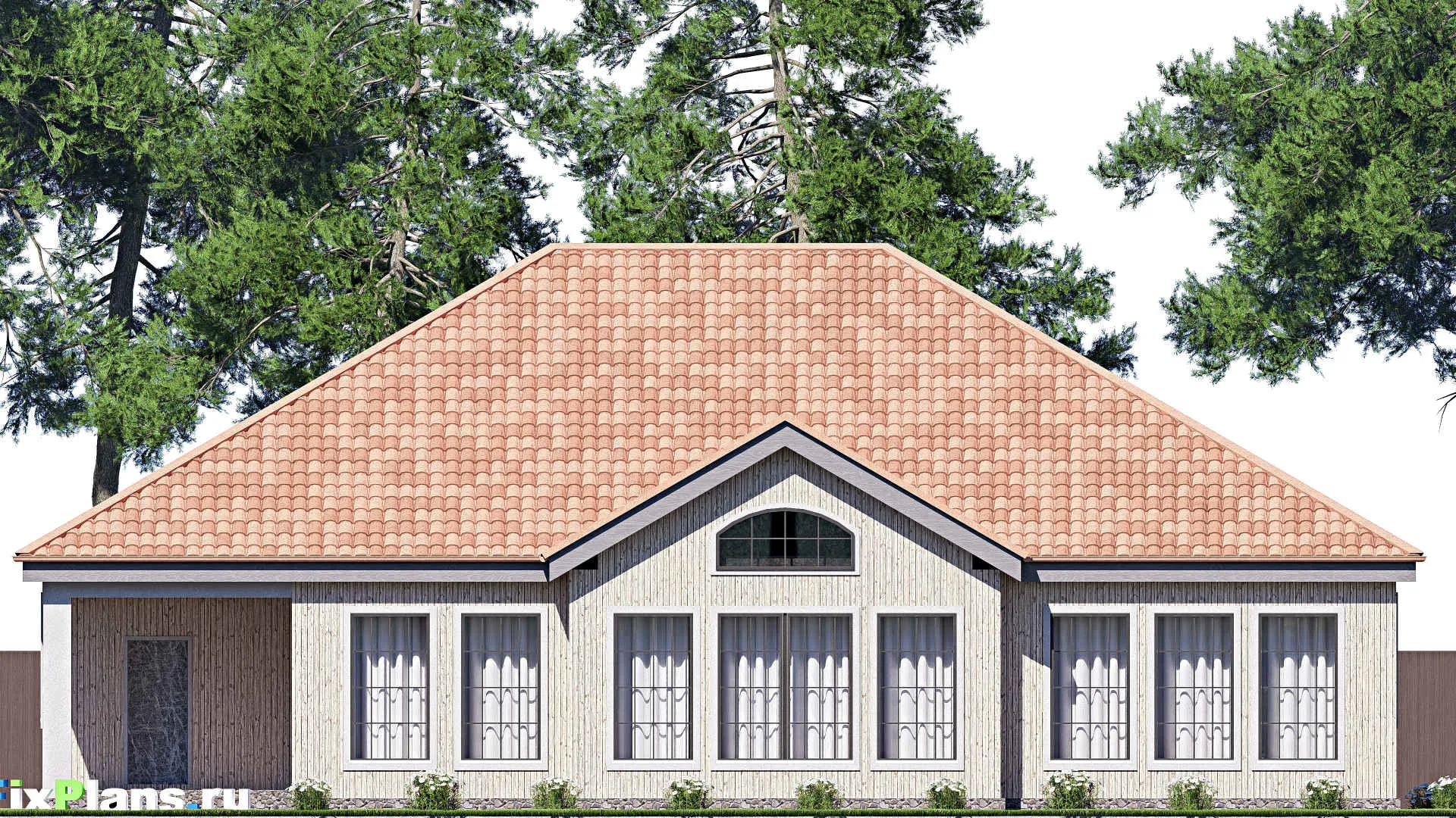 F-20150 - Проект одноэтажного дома 18 на 20, площадью 270 м² с террасой, гаражом на 2 машины и 2 спальнями