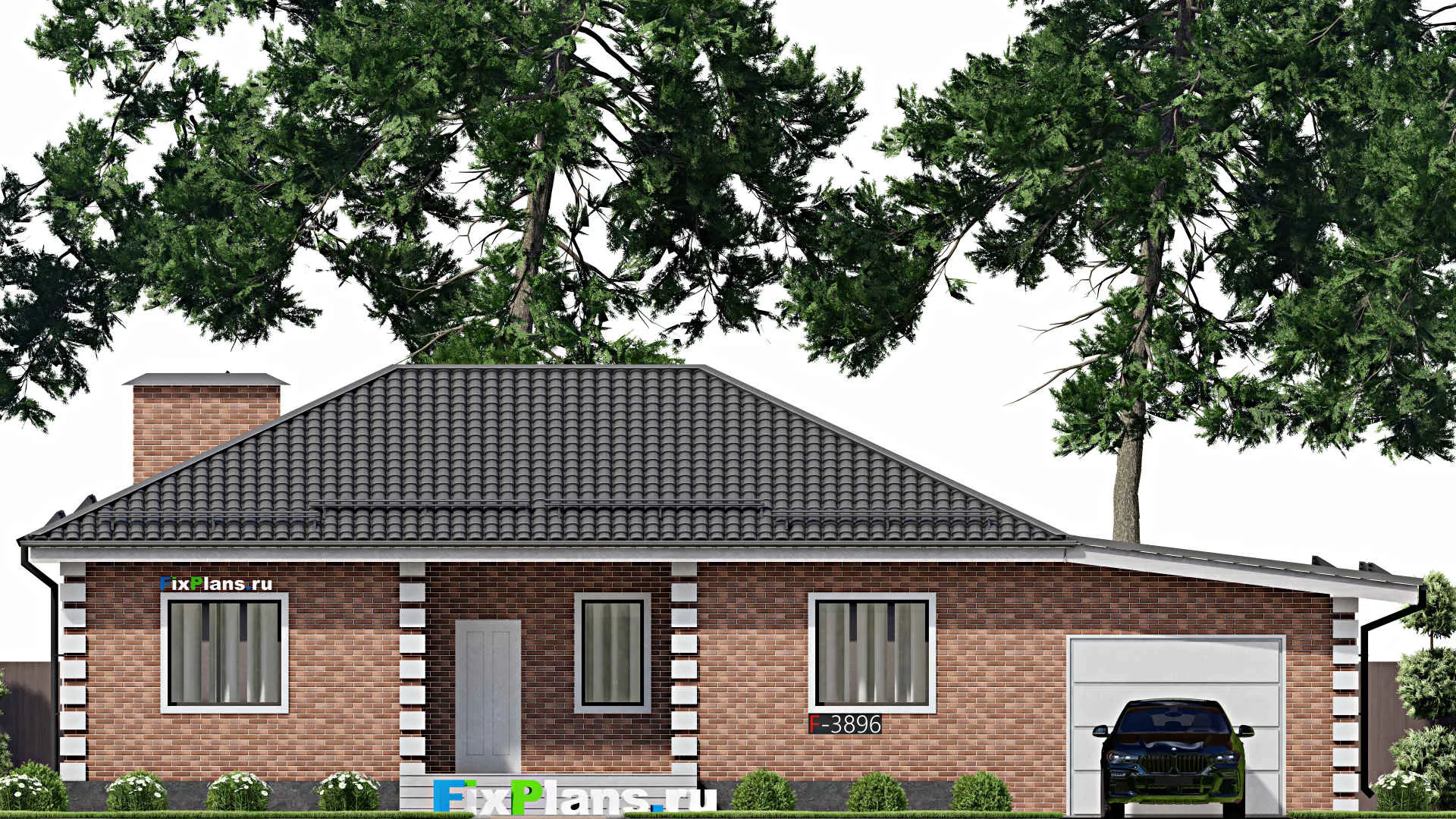 F-3896 - Проект одноэтажного дома 13 на 18, площадью 220 м² с террасой, гаражом на 1 машину и 3 спальнями