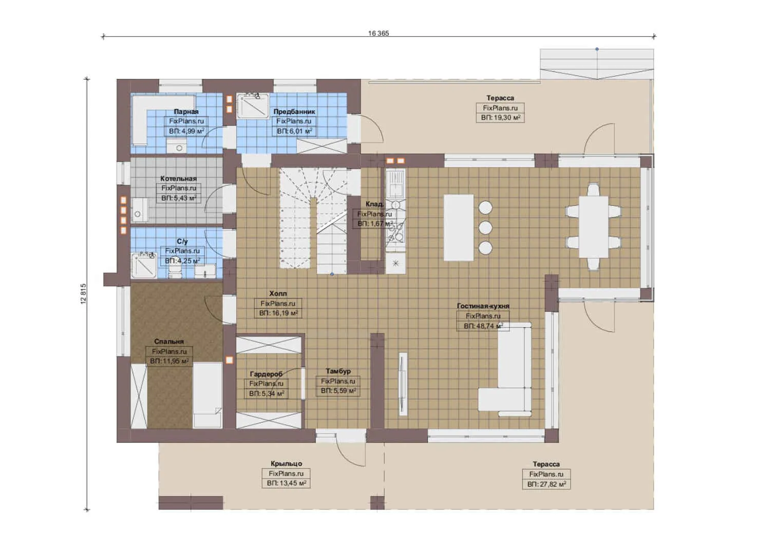 F-12689 - Планы двухэтажного дома 13 на 17, площадью 300 м² с террасой, балконом, баней и 5 спальнями