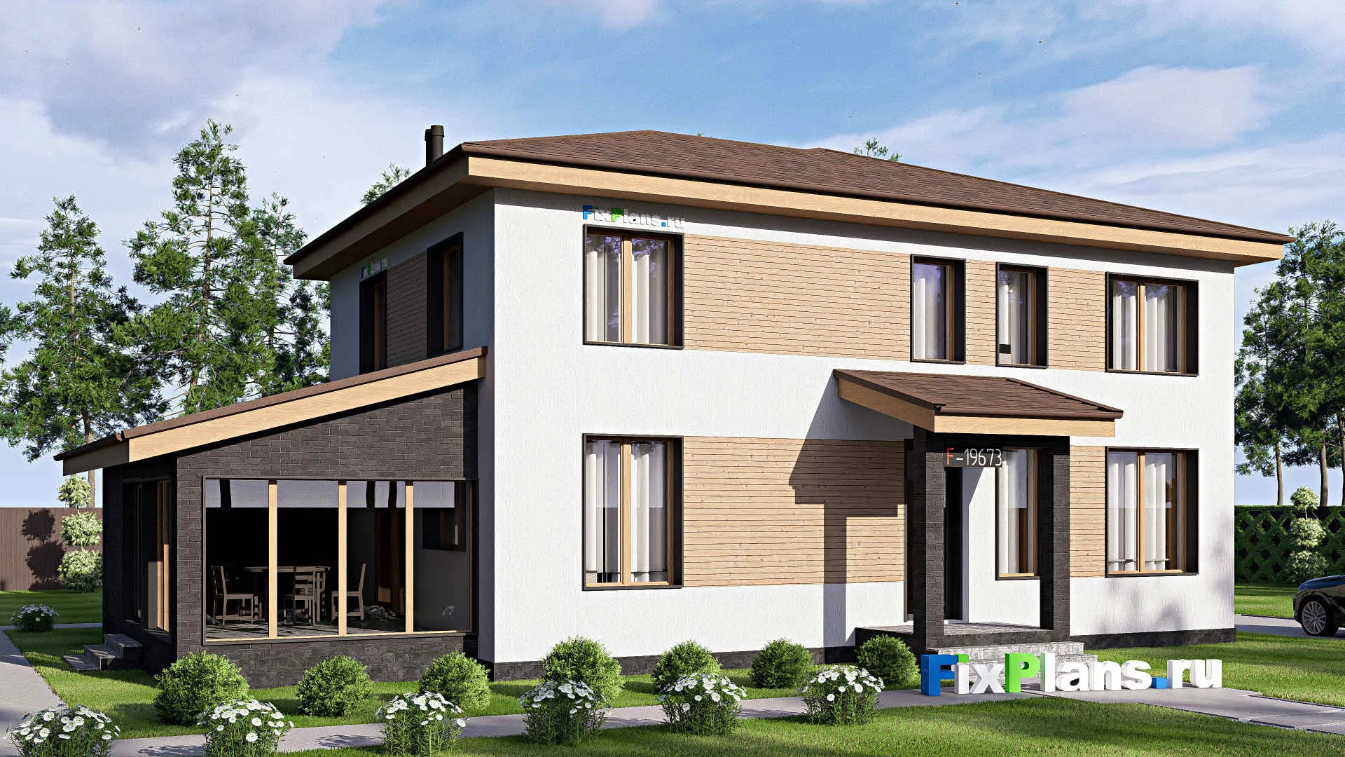 F-19673 - Проект двухэтажного дома 13 на 20, площадью 260 м² с террасой и 3 спальнями