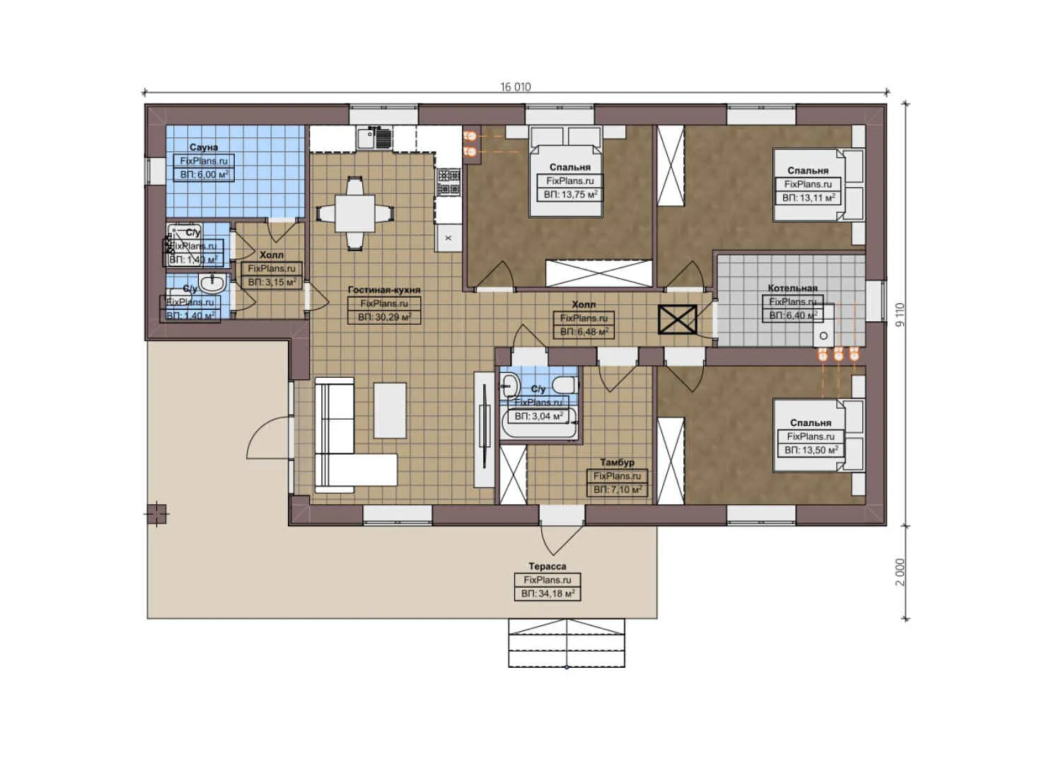 F-4823 - План одноэтажного дома 10 на 17, площадью 140 м² с террасой, баней и 3 спальнями