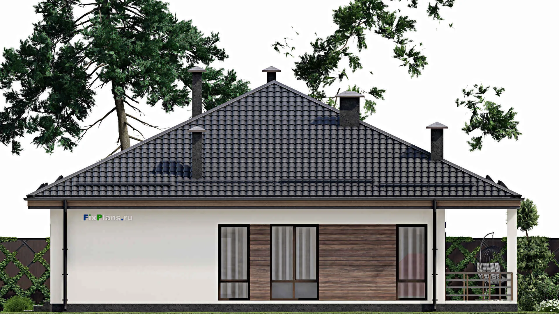 F-5984 - Проект одноэтажного дома 13 на 19, площадью 230 м² с террасой, гаражом на 2 машины и 3 спальнями