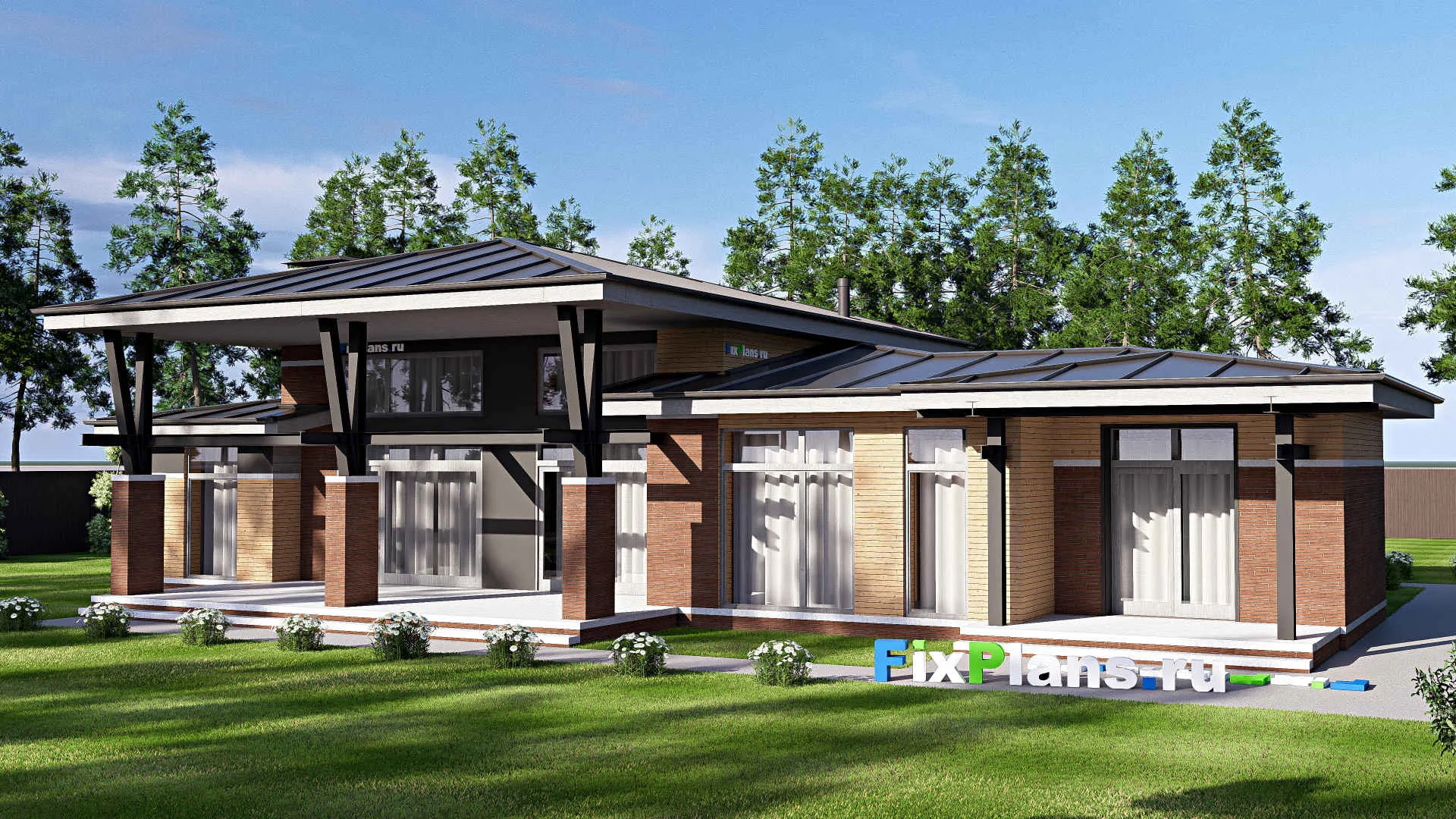 F-18863 - Проект одноэтажного дома 22 на 23, площадью 270 м² с террасой и 3 спальнями