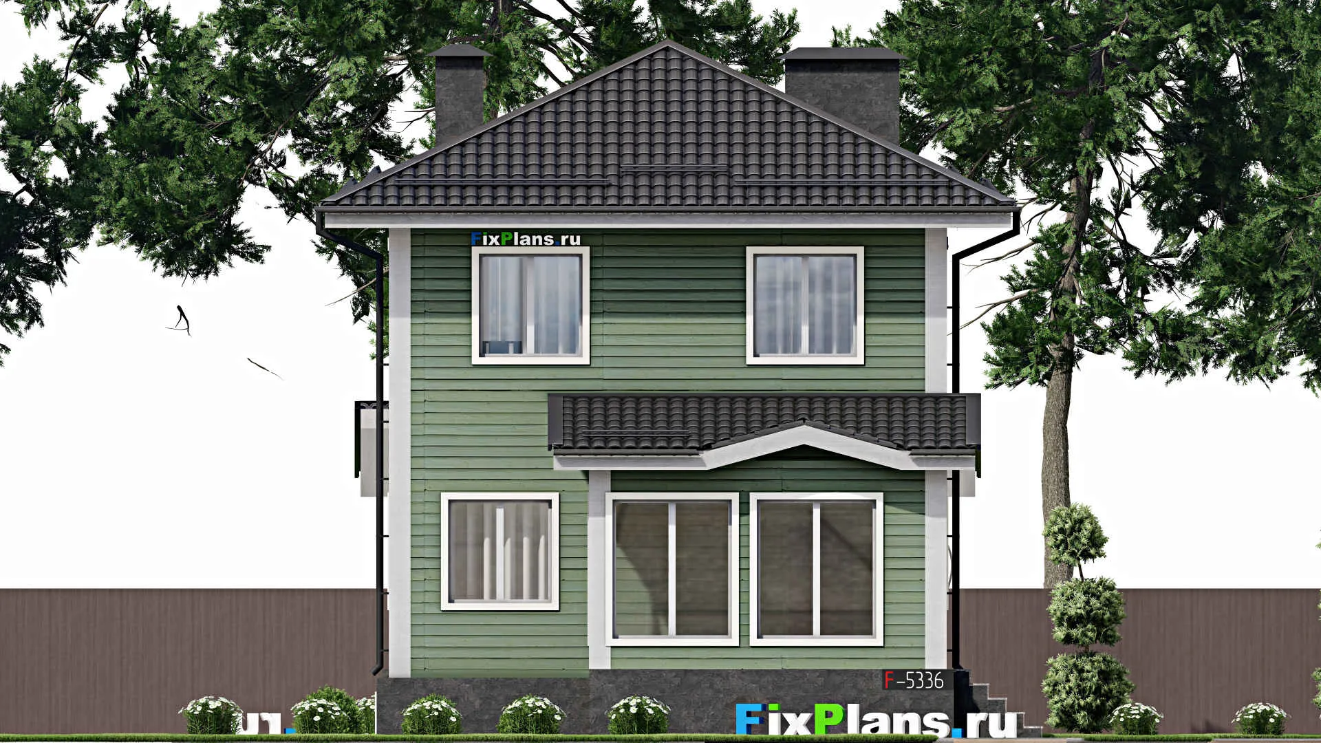 F-5336 - Проект двухэтажного дома 8 на 12, площадью 210 м² с террасой, цокольным этажом и 3 спальнями