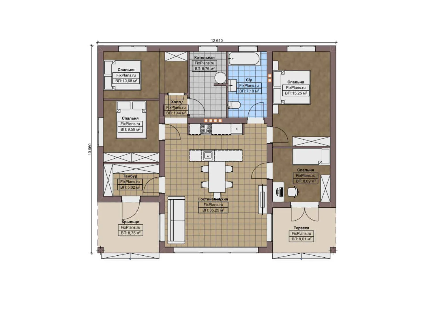 F-10115 - План одноэтажного дома 11 на 13, площадью 120 м² с террасой и 4 спальнями