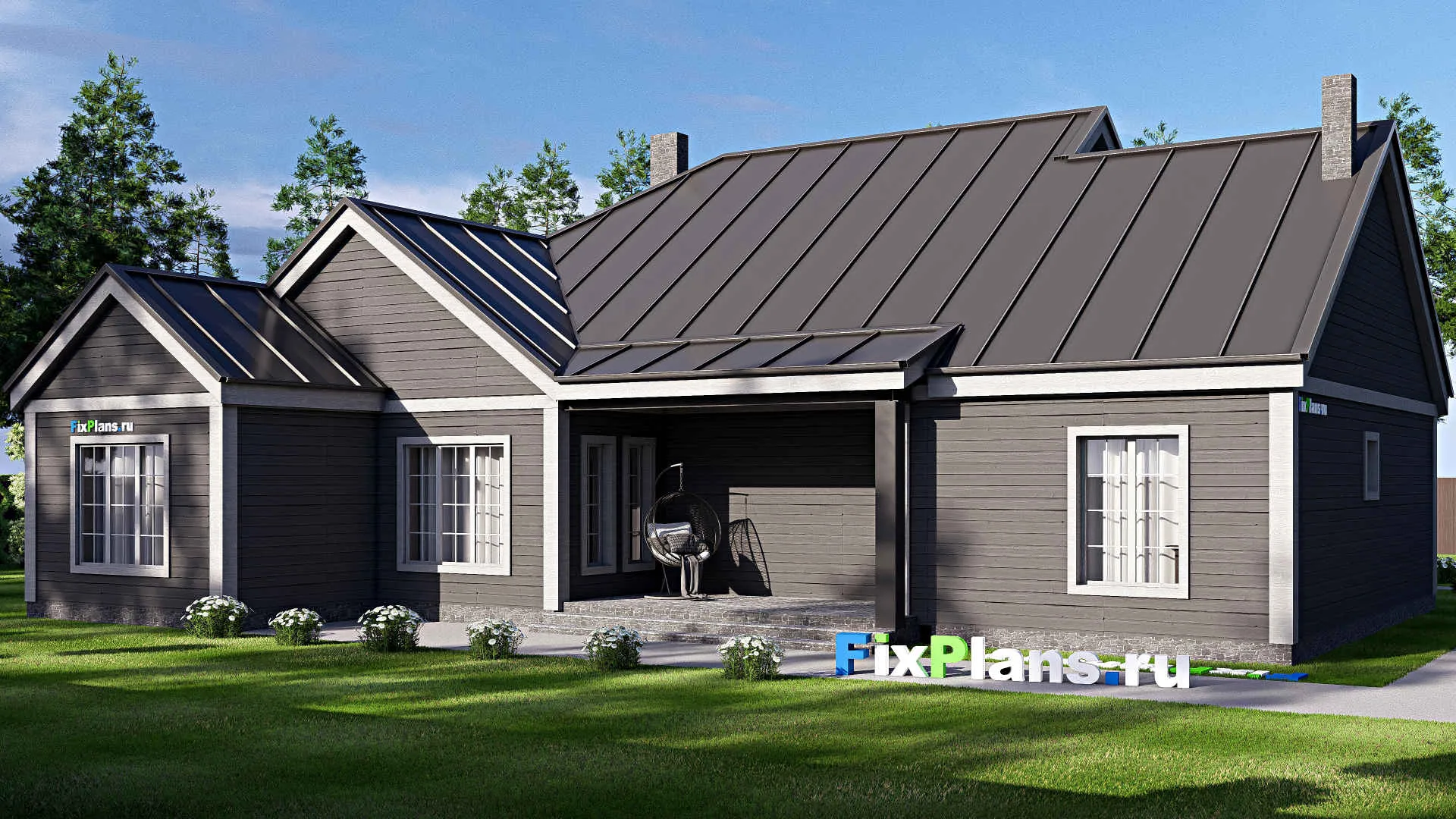 F-17081 - Проект одноэтажного дома 20 на 21, площадью 260 м² с террасой, гаражом на 2 машины и 4 спальнями