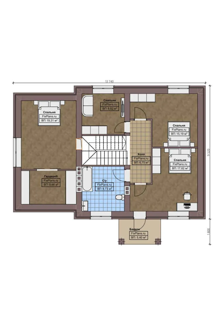 F-1268 - Планы дома с мансардой 10 на 14, площадью 230 м² с террасой, балконом, гаражом на 1 машину и 5 спальнями