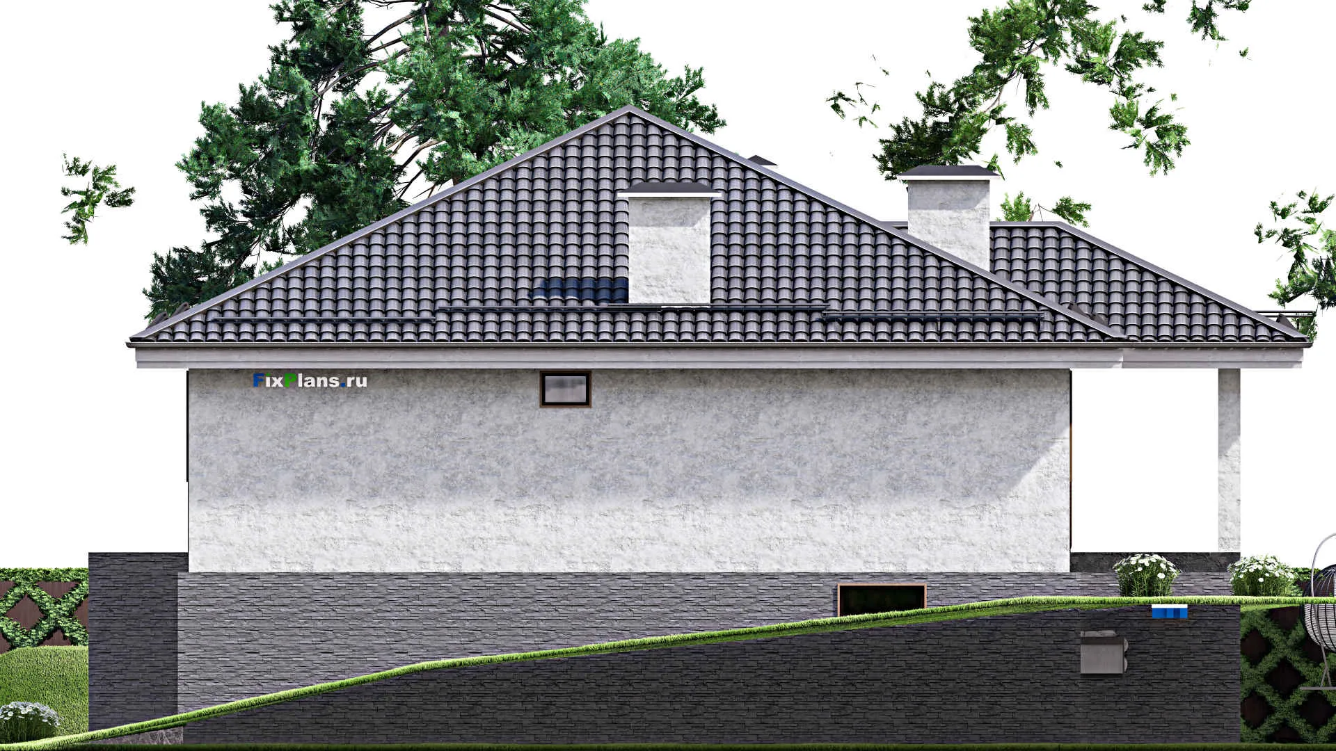 F-9467 - Проект двухэтажного дома 13 на 16, площадью 260 м² с террасой, цокольным этажом, гаражом на 1 машину и 3 спальнями