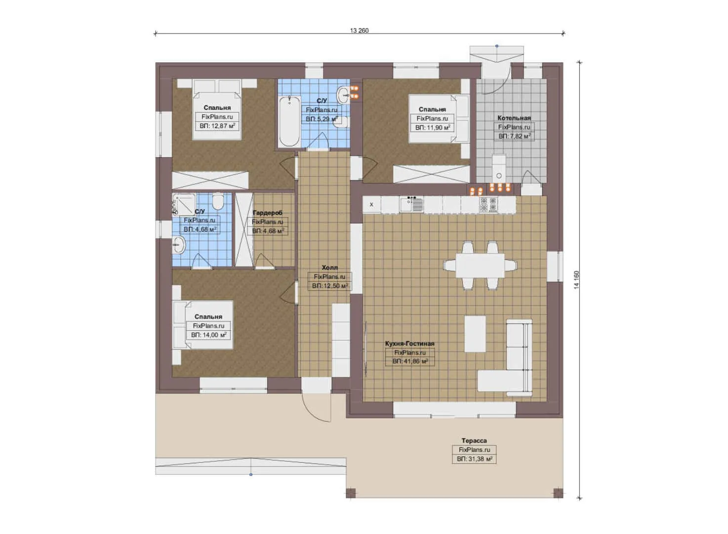 F-18260 - План одноэтажного дома 14 на 15, площадью 150 м² с террасой и 3 спальнями