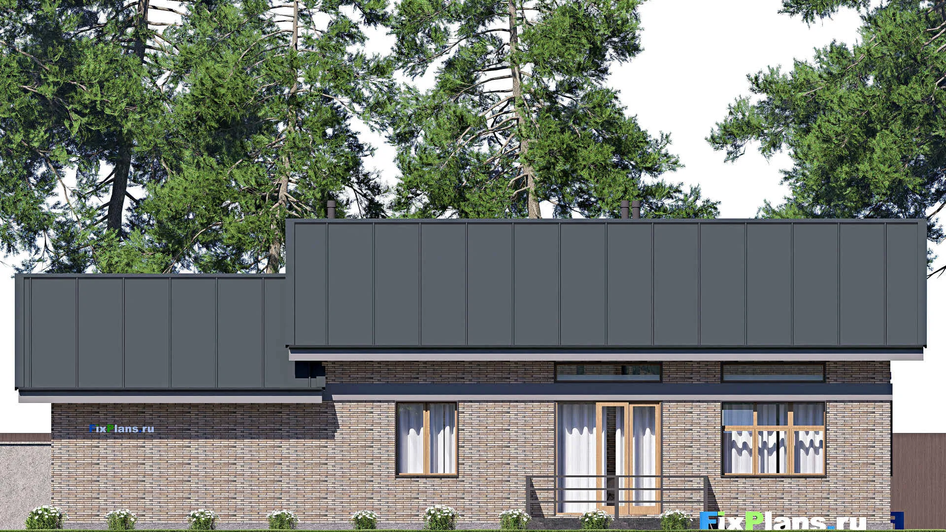 F-20537 - Проект одноэтажного дома 17 на 20, площадью 180 м² с террасой, гаражом на 2 машины и 2 спальнями