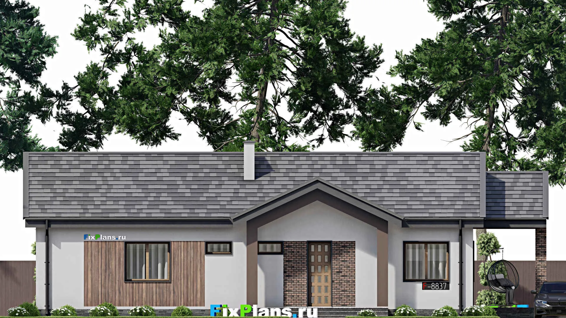 F-8837 - Проект одноэтажного дома 11 на 19, площадью 140 м² с террасой и 4 спальнями