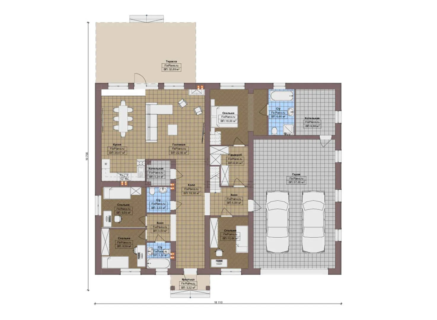 F-12698 - Планы дома с мансардой 19 на 20, площадью 270 м² с террасой, гаражом на 2 машины и 4 спальнями