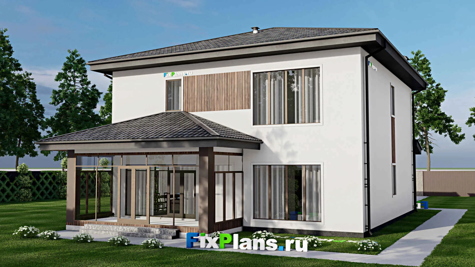 F-9584 - Проект двухэтажного дома 13 на 17, площадью 280 м² с террасой, балконом и 3 спальнями