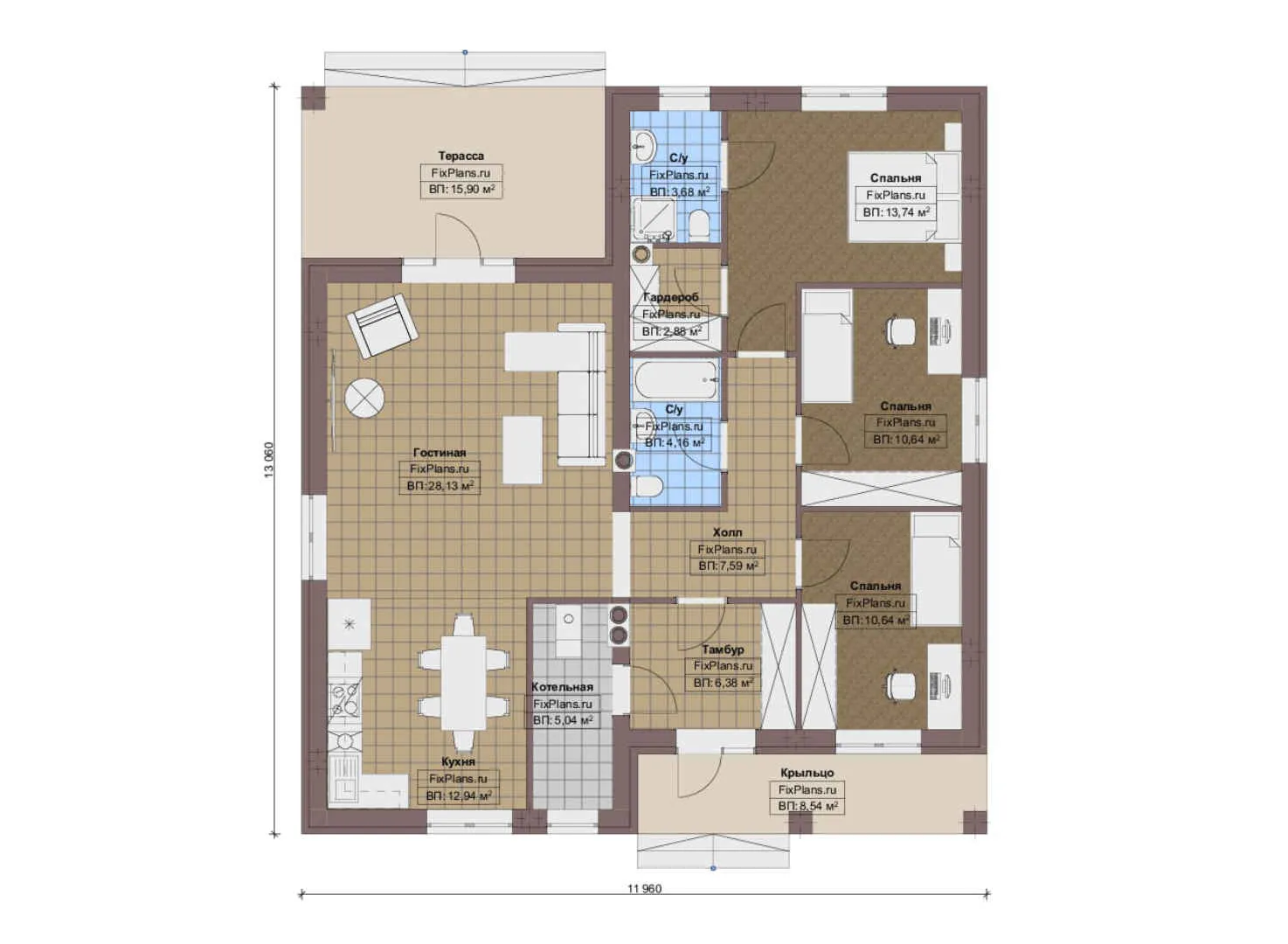 F-14498 - План одноэтажного дома 12 на 14, площадью 130 м² с террасой и 3 спальнями