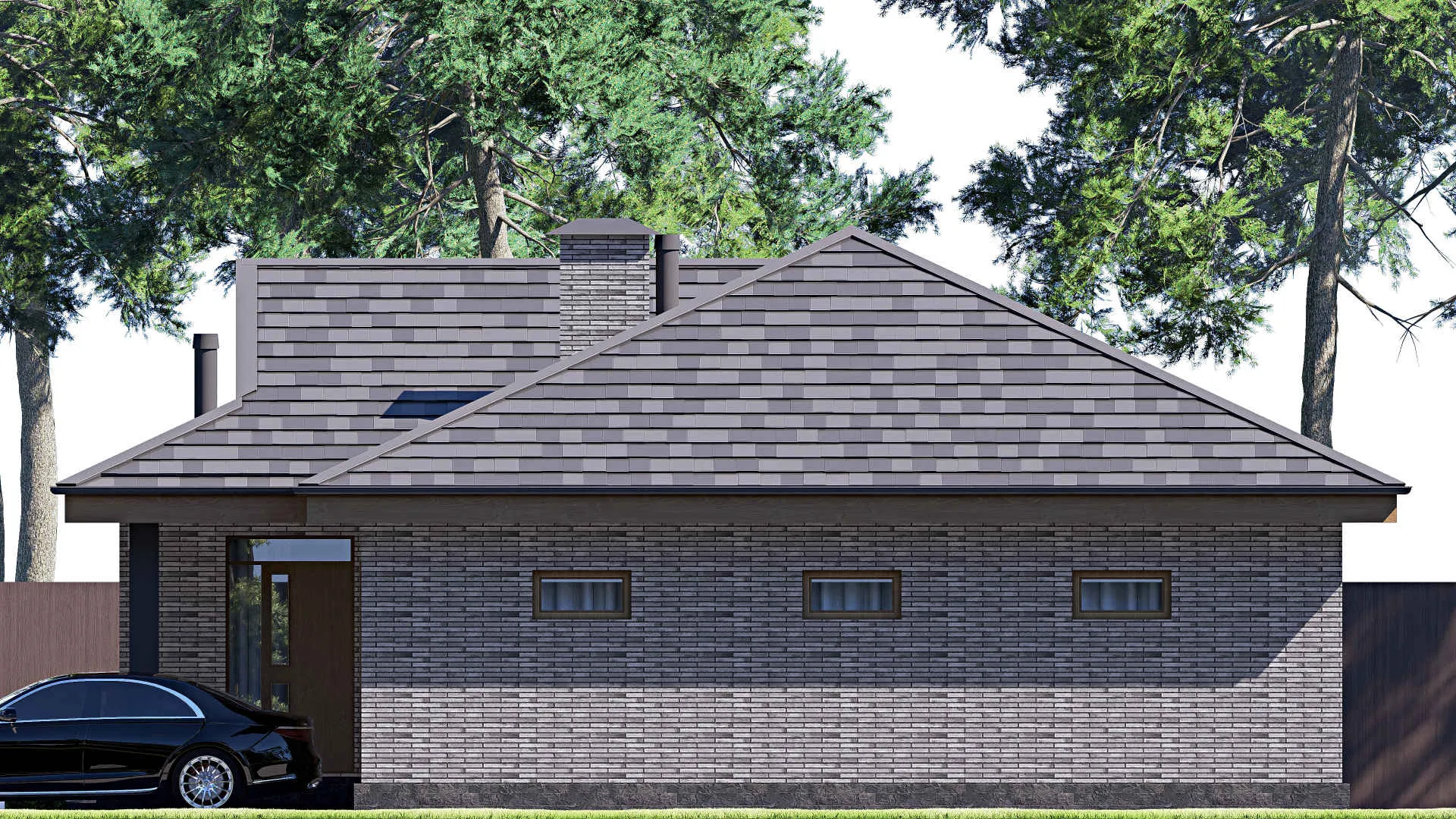 F-19187 - Проект одноэтажного дома 13 на 16, площадью 140 м² с террасой, гаражом на 2 машины и 2 спальнями