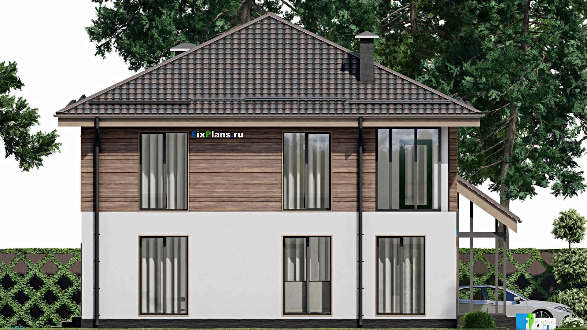 F-5921 - Проект двухэтажного дома 12 на 14, площадью 250 м² с балконом, баней и 4 спальнями