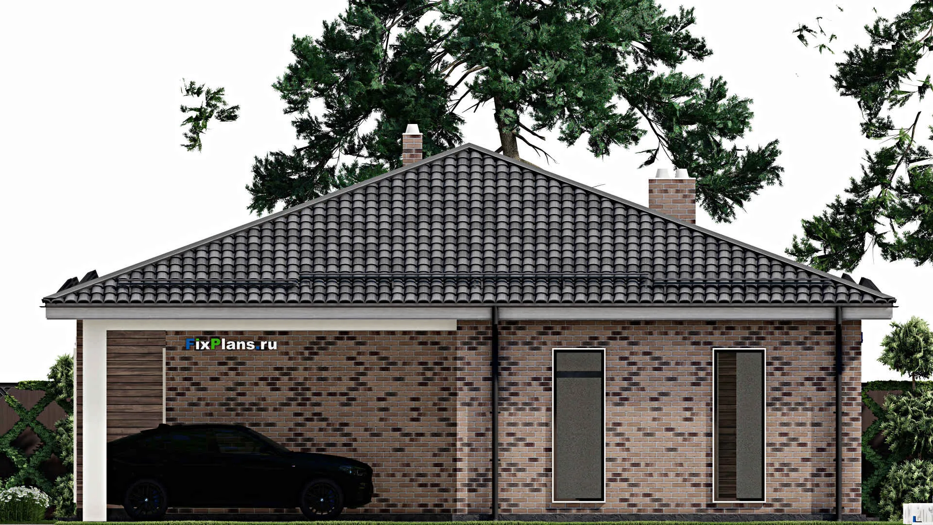 F-3275 - Проект одноэтажного дома 14 на 16, площадью 180 м² с террасой, гаражом на 1 машину и 2 спальнями