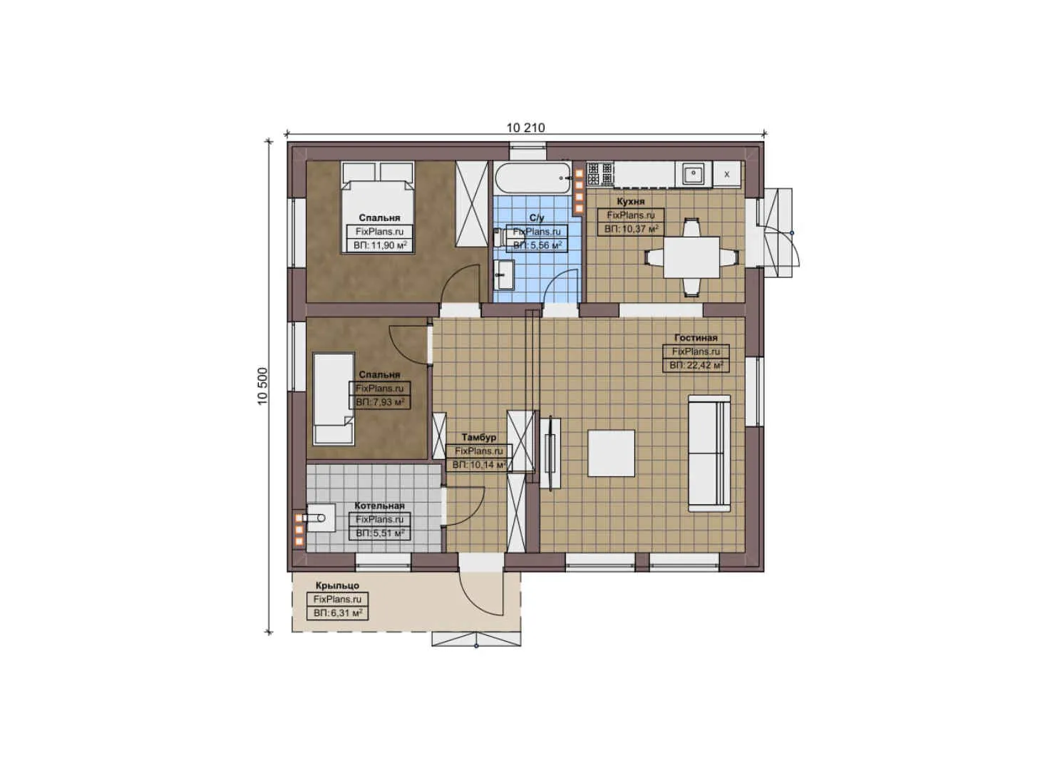 F-10025 - План одноэтажного дома 11 на 11, площадью 80 м² с 2 спальнями