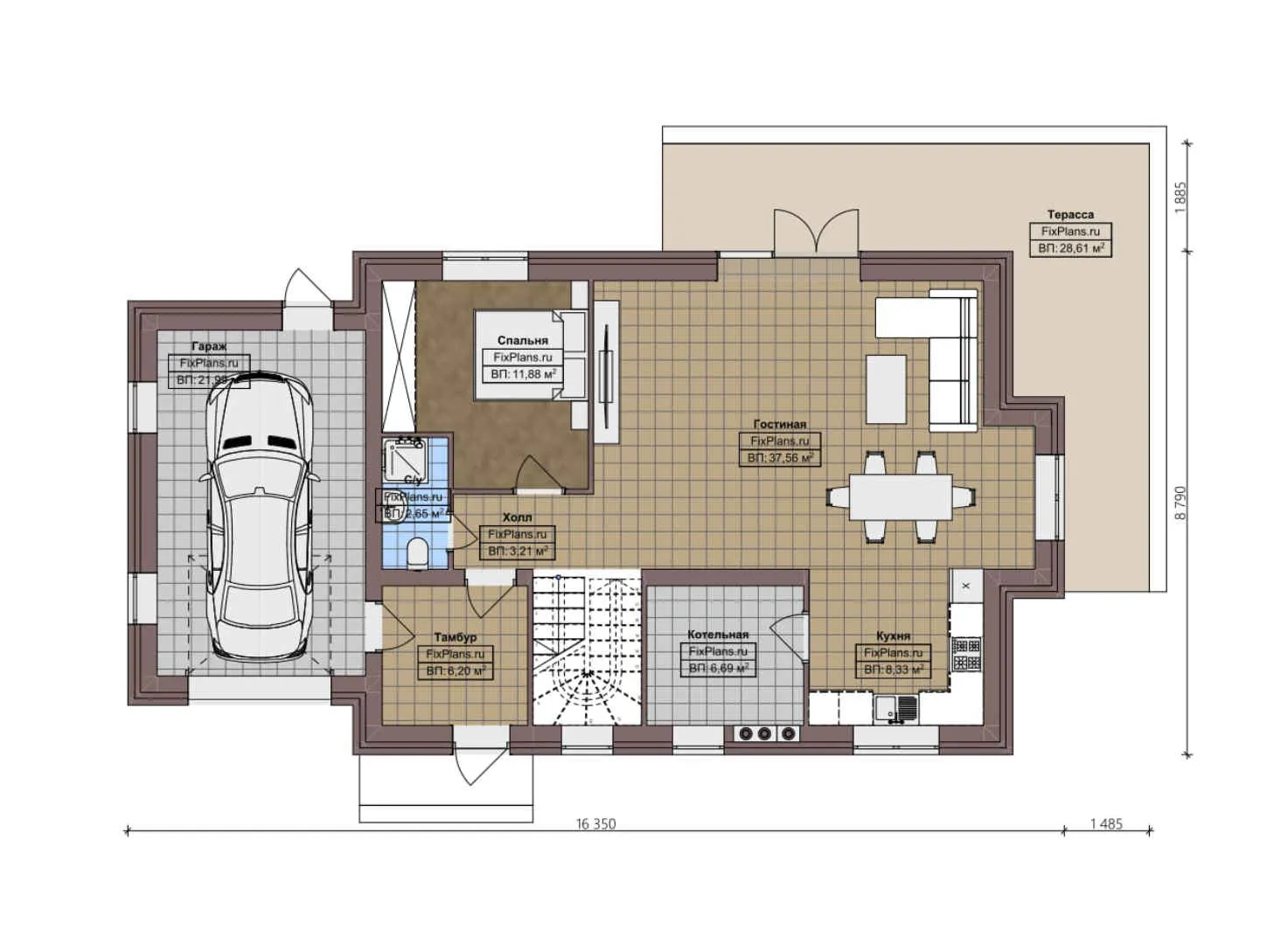 F-2825 - Планы дома с мансардой 9 на 17, площадью 210 м² с террасой, балконом, гаражом на 1 машину и 4 спальнями