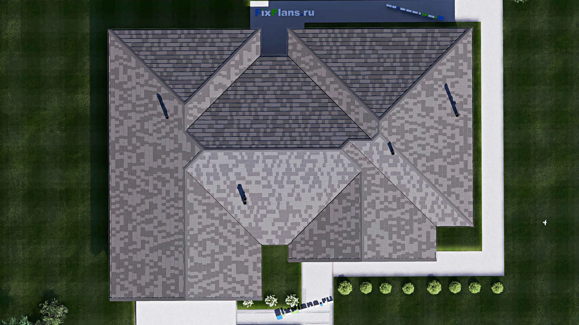 F-19880 - Проект одноэтажного дома 18 на 24, площадью 280 м² с террасой, гаражом на 2 машины и 3 спальнями