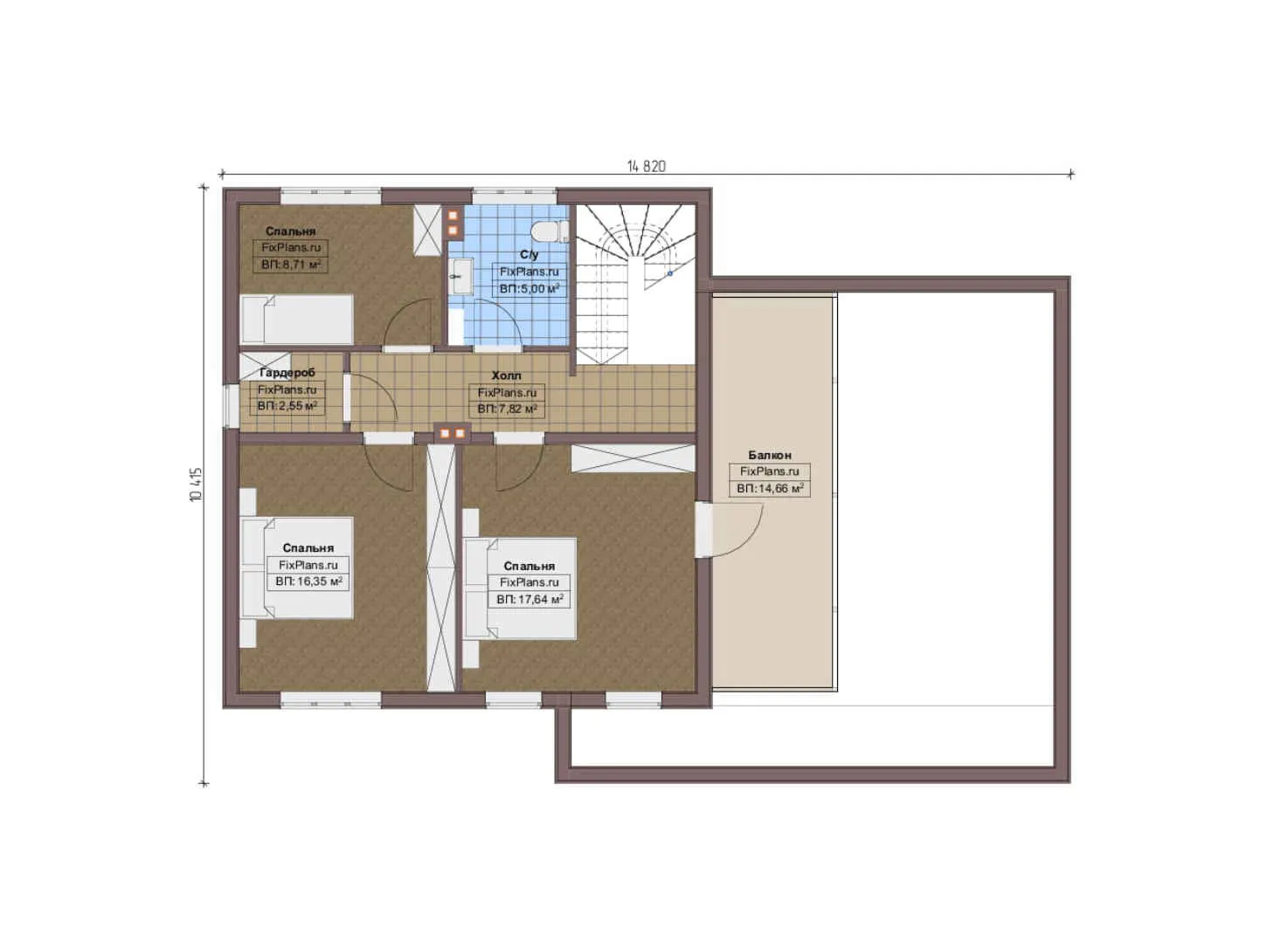 F-13463 - Планы двухэтажного дома 11 на 15, площадью 190 м² с балконом, гаражом на 2 машины и 3 спальнями